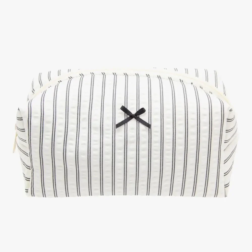 NWOT Cozy Black Stripped Makeup Bag Small Aesthetic Travel Zipper Cosmetic Pouch